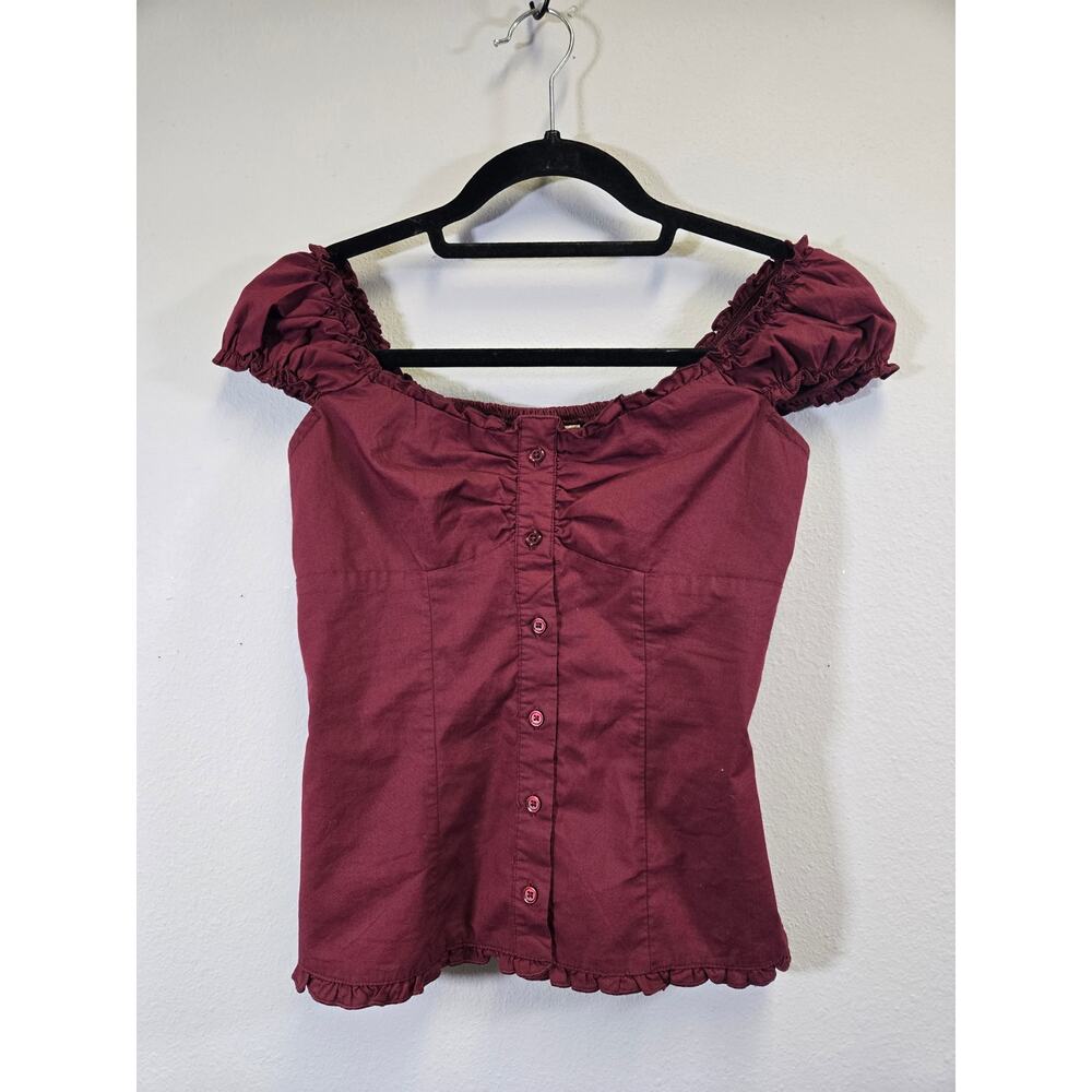 Hollister Cottagecore Peasant Blouse Maroon Button Front Ruffle Trim Size S